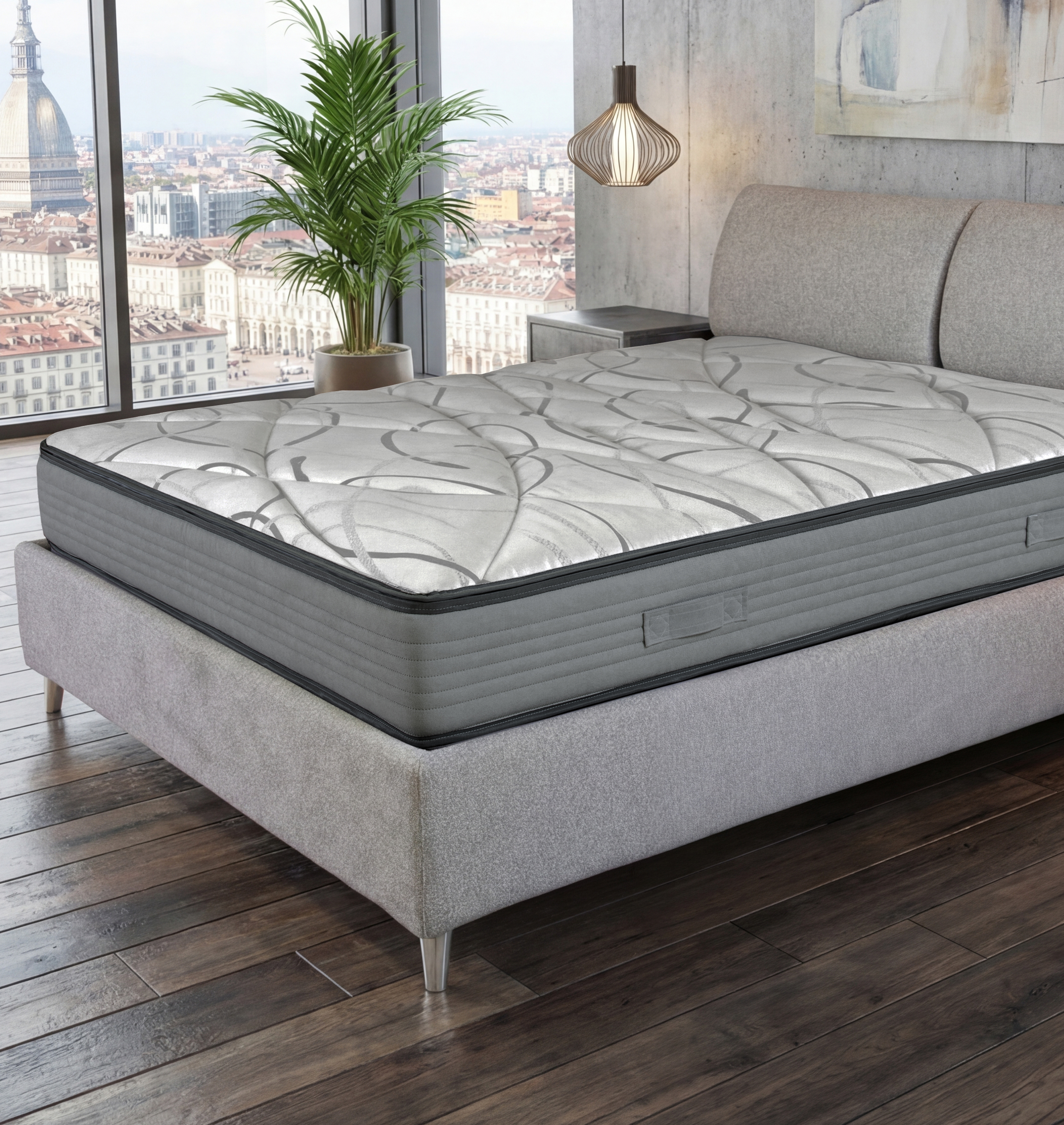 Camera da letto contemporanea con letto imbottito
